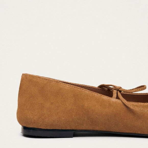 Women Tan Suede Faux Leather Square Toe Lace Up Ballerina Ballet Slip On Flats - Picture 5 of 5